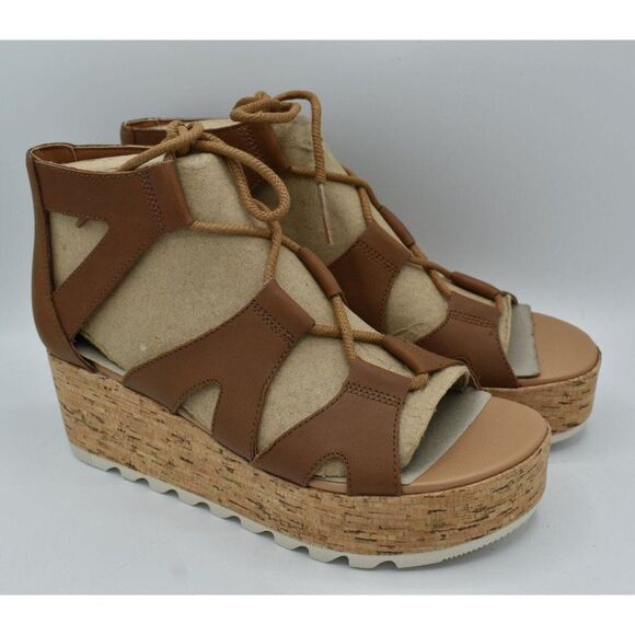 Sorel Women Size 8 Cameron Flatform Leather Lace Up Wedge Platform Sandals - Picture 1 of 11